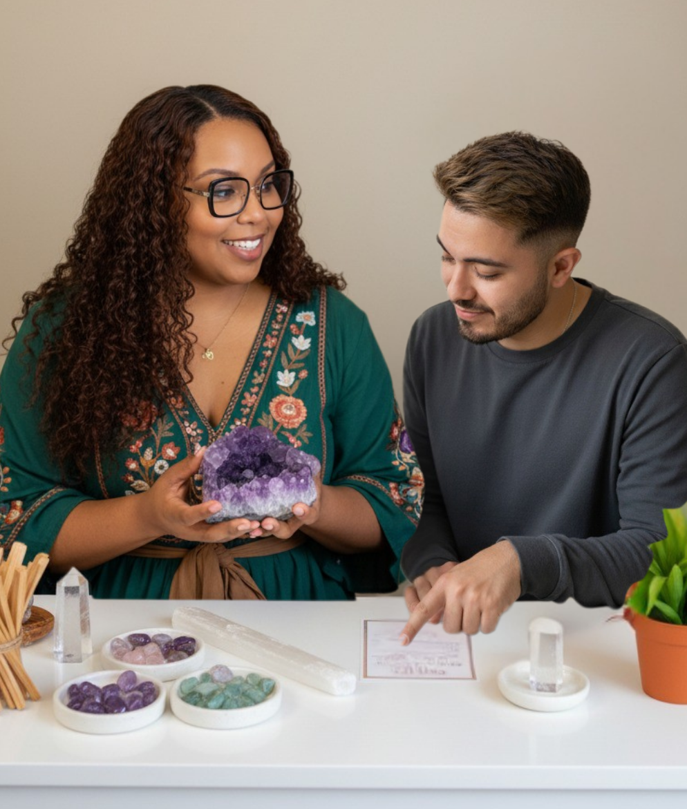 Bianca R. and Marc A., founders of Luna Vibras, standing together as business owners.
